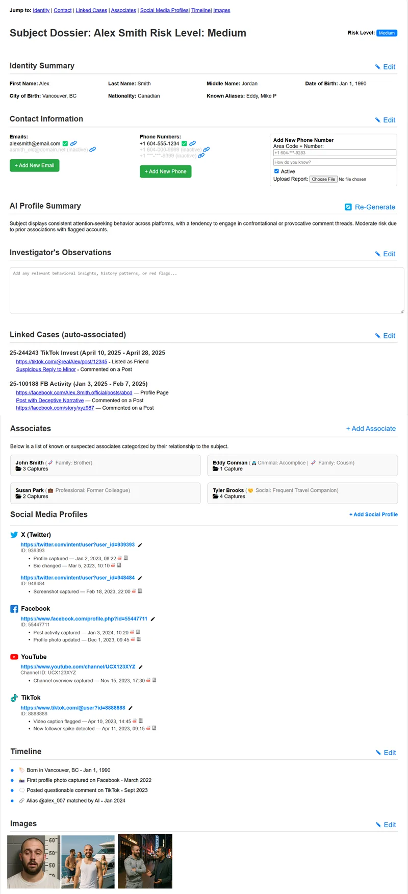 Subject Dossier overview showing profile information and linked captures