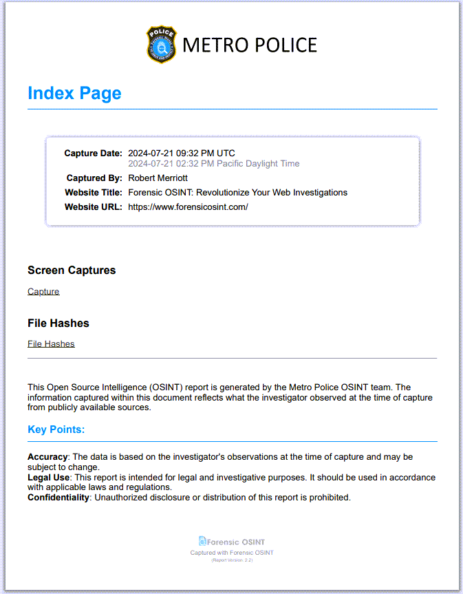 Click to view larger image Example Report Index
