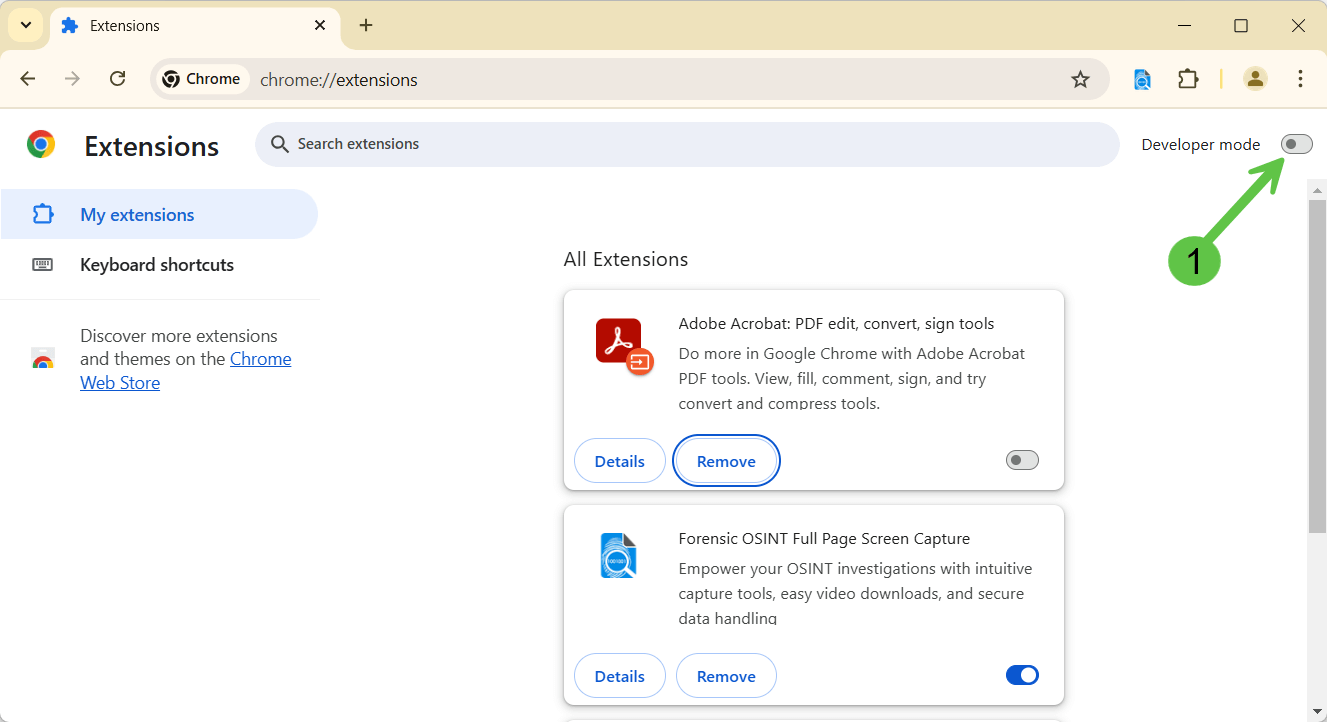 Click to view larger image Enable Developer Mode in Chrome Extensions