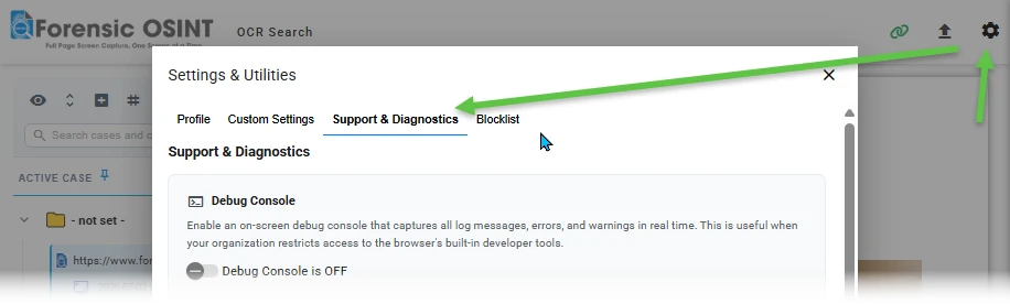 Click to view larger image Extension header with an arrow pointing to the gear icon in the top-right corner, and the Settings and Utilities dialog open with an arrow pointing to the Support and Diagnostics tab