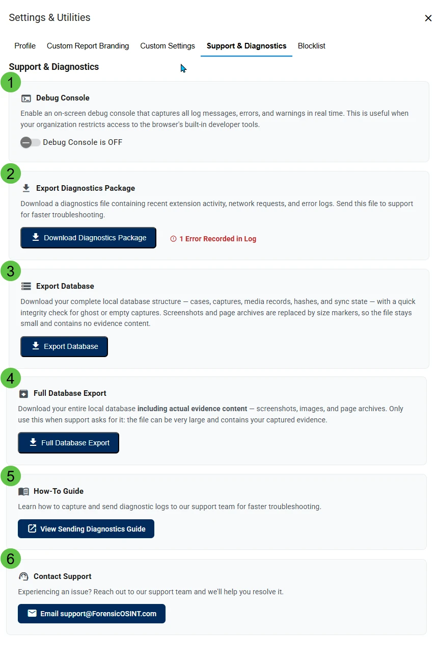 Click to view larger image Settings and Utilities panel showing the Support and Diagnostics tab with Debug Console, Export Diagnostics Package, Export Database, Full Database Export, How-To Guide, and Contact Support