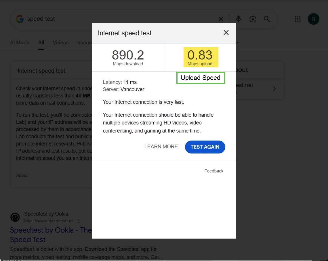 Speed test showing slow upload: Download ~890 Mbps, Upload 0.83 Mbps