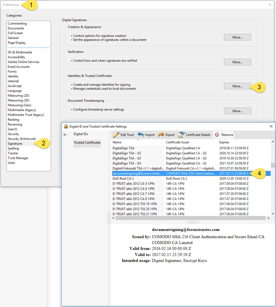 Click to view larger image Location of trusted certificates in Adobe Signature preferences