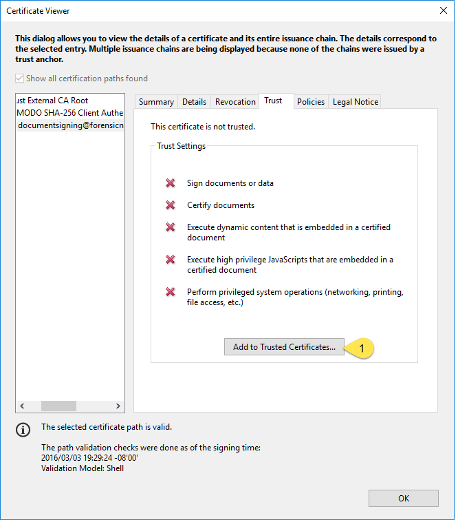 Click to view larger image Adobe Certificate Viewer Trust tab with Add to Trusted Certificates button