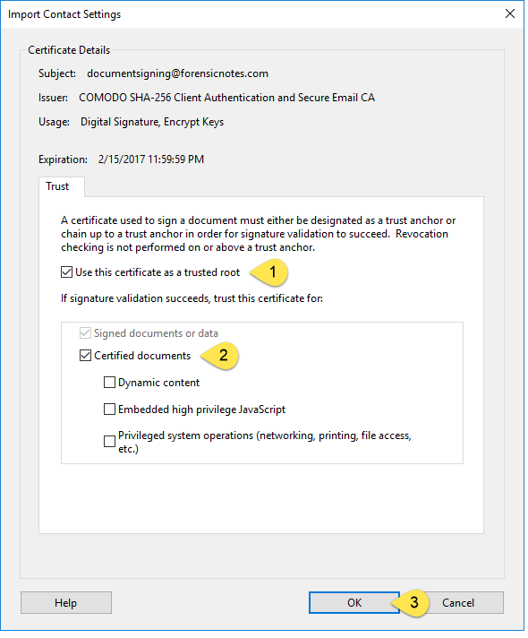 Click to view larger image Adobe trust settings window with trusted root and certified documents selected