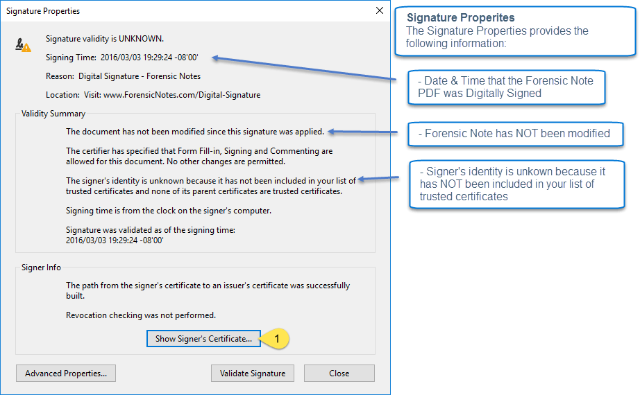 Click to view larger image Adobe Signature Properties window with Show Signer's Certificate button
