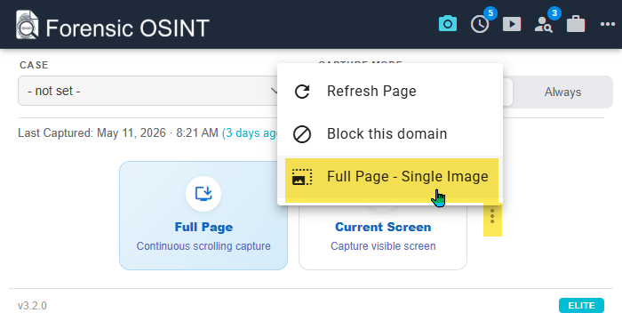 Click to view larger image. Single Image Full Page Screen Capture option in Forensic OSINT